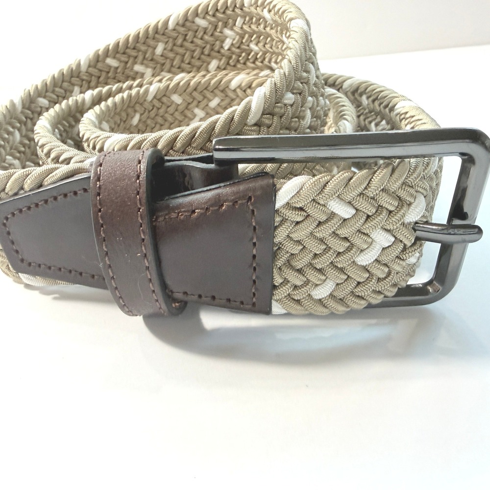 Johnston & Murphy Mens 34 Braided Elastic Belt Tan White Leather Trim 75-7877 - Picture 2 of 9